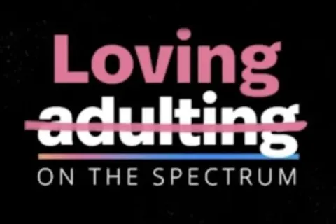 Loving on the spectrum logo is displayed on a black back grouund with a spectrum bar 