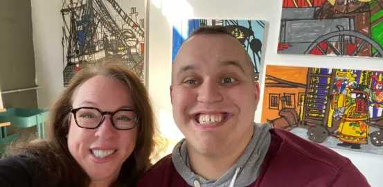 Amy Hess and her son in an art gallery