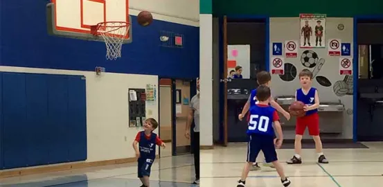 children playing basketball indoors