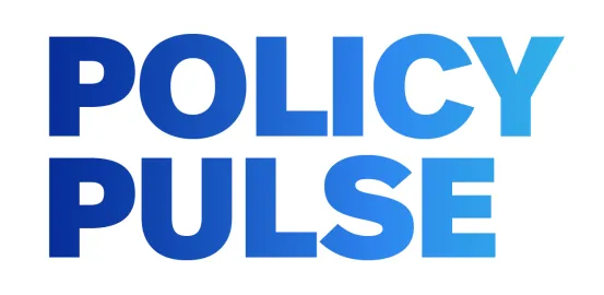 "POLICY PULSE" on two lines with color gradient of navy to aqua