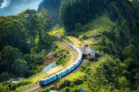 Blue train going down a mountain near houses