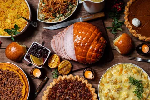 Thanksgiving ham and other foods on a table