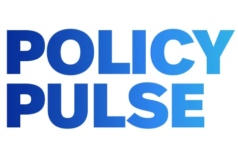 "POLICY PULSE" on two lines with color gradient of navy to aqua