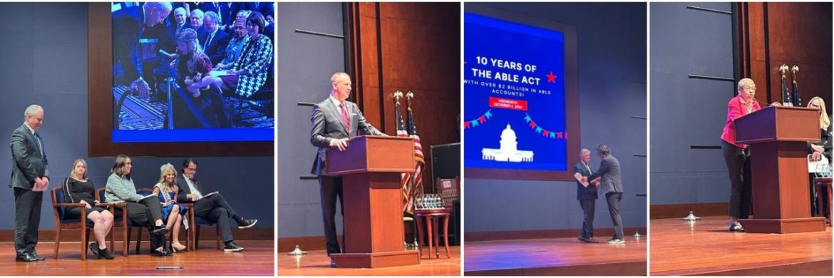 4 photos of different speakers on stage at the ABLE Act Anniversary