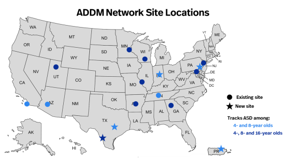 Map of United States with markers for where ADDM sites are located