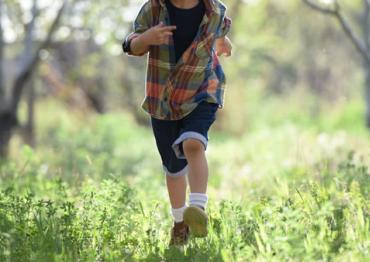 little boy in a plaid shirt running through the forest