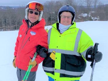 Beth and a friend skiing at Boyne Mountain