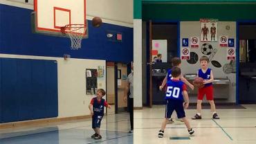 children playing basketball indoors